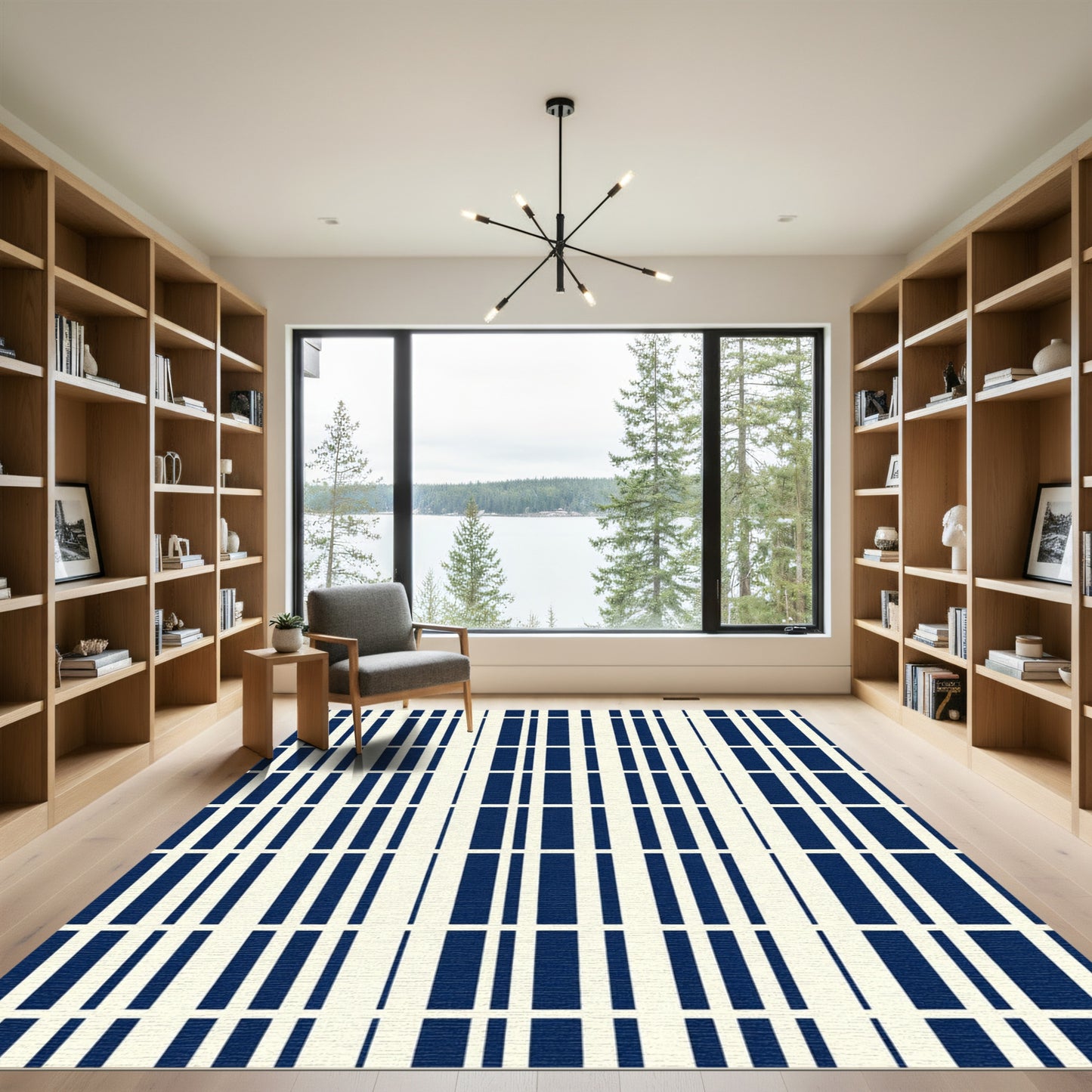 Deep Blue Off White Vertical Stripe Rug