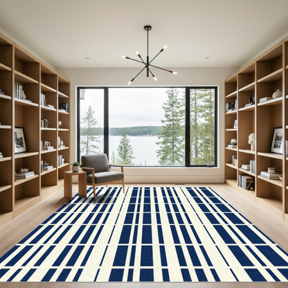 Deep Blue Off White Vertical Stripe Rug