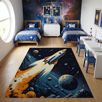 Retro Rocket Launch Cosmic Stars Rug