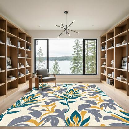 Abstract Floral Blue Yellow Composition Rug