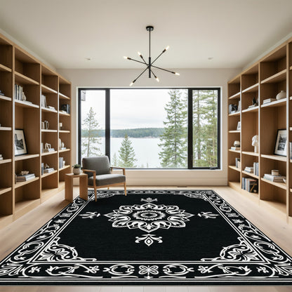 Black White Ornamental Floral Medallion Rug