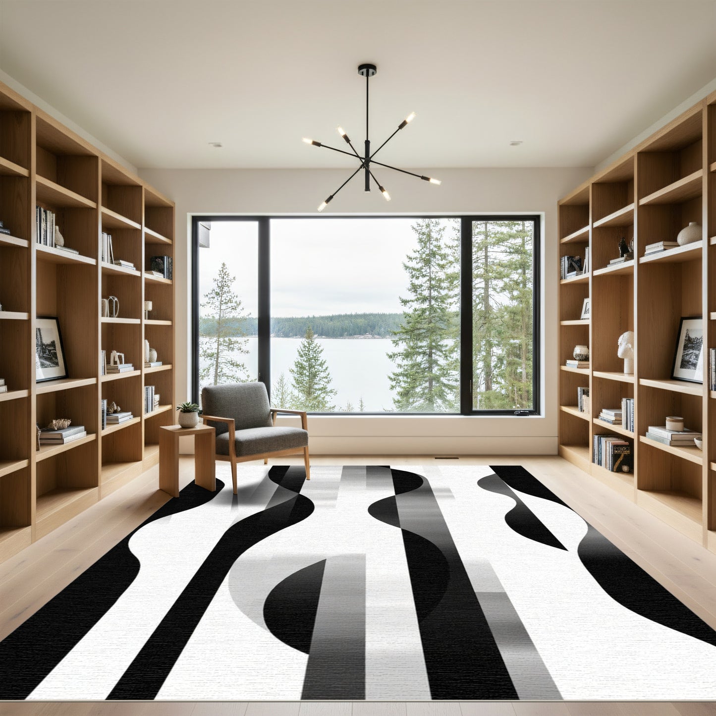 Monochrome Vertical Wave and Stripe Rug