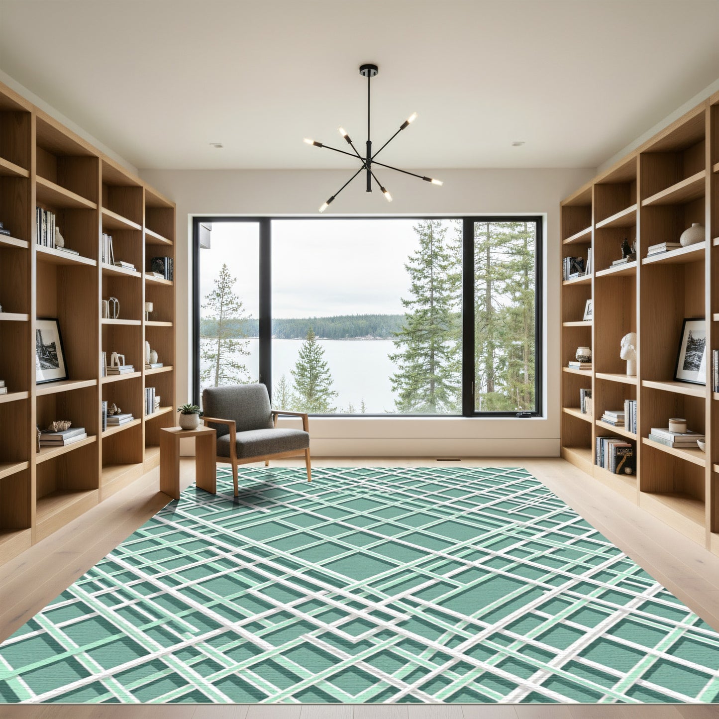 Sage Green Modern Intersecting Geometric Grid Rug