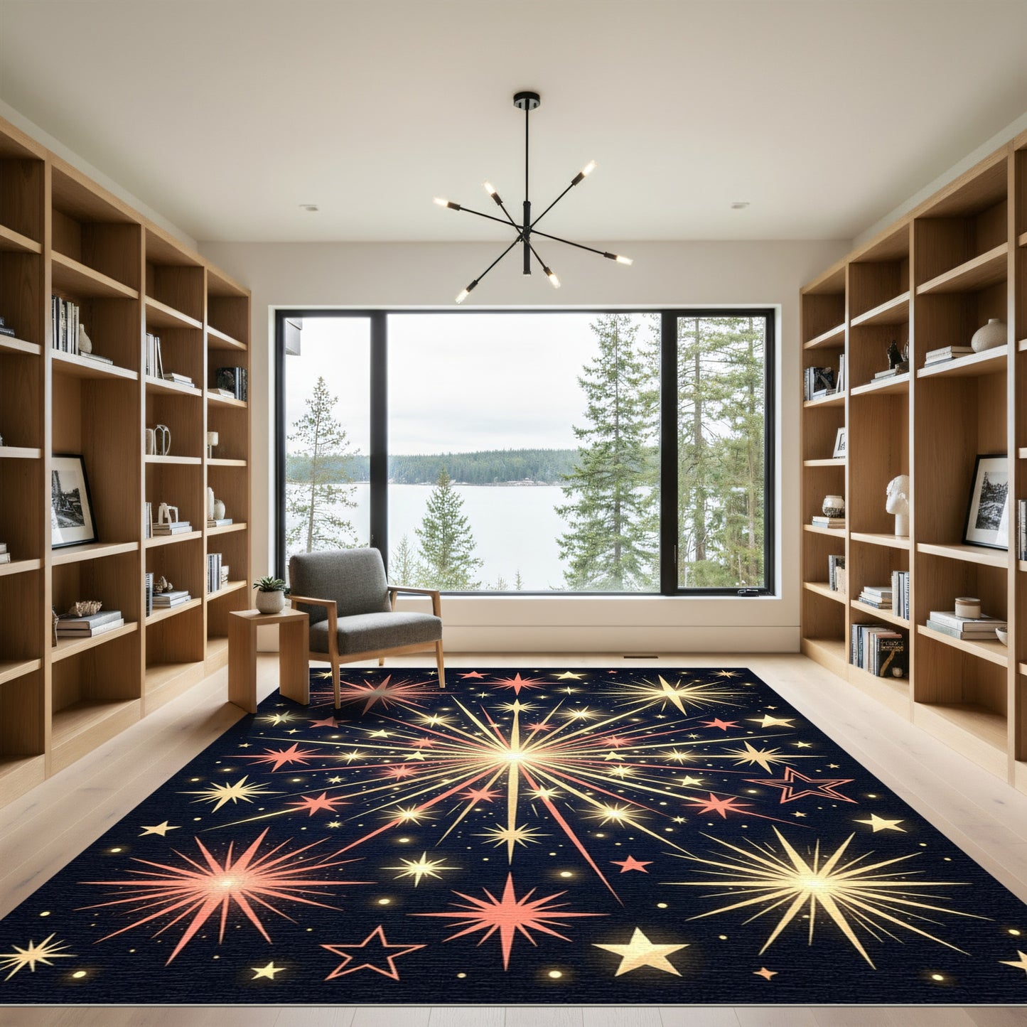 Radiant Golden Celestial Fireworks Burst Rug