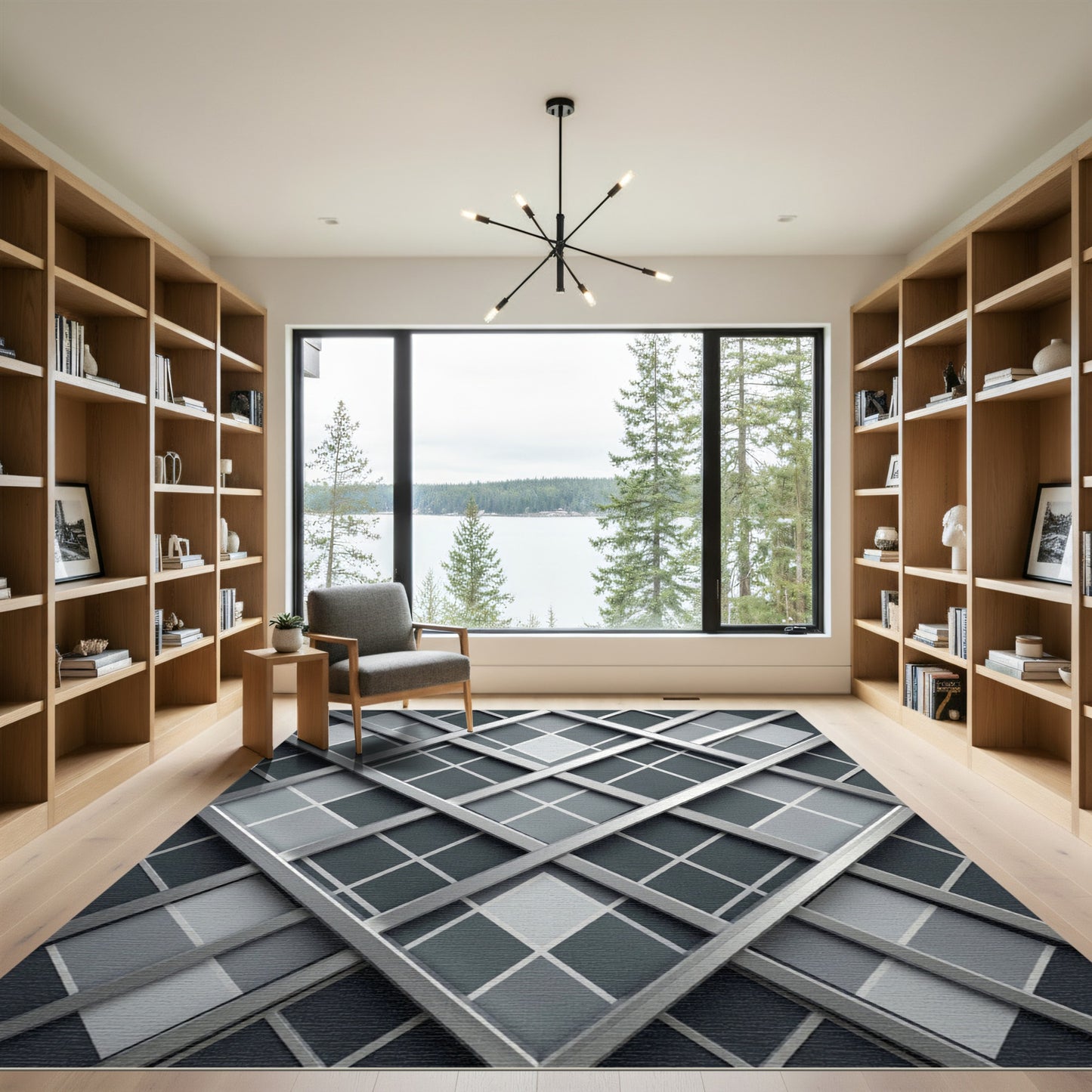 Modern Silver Geometric Diamond Grid Rug