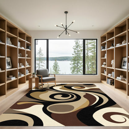 Abstract Swirl Brown Cream Black Rug
