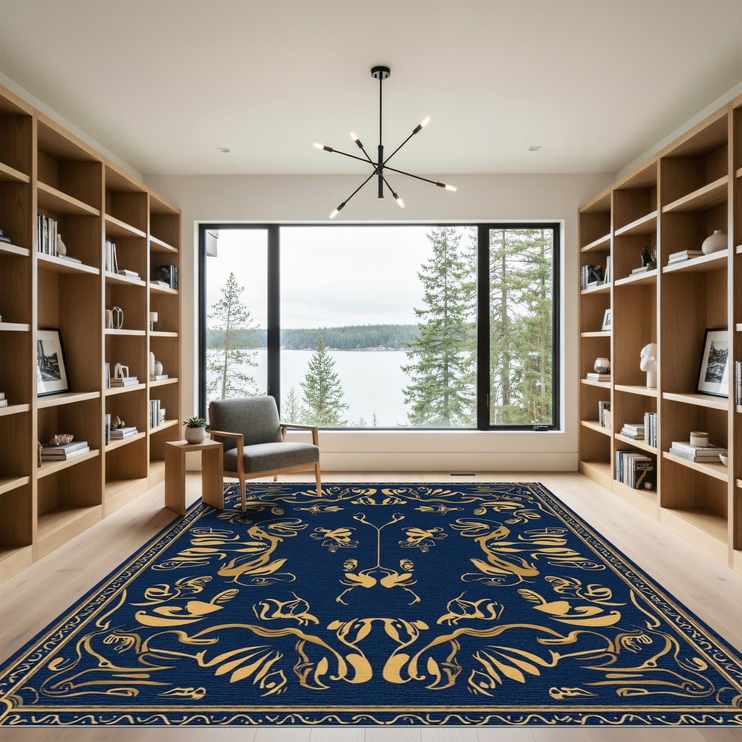 Deep Blue Golden Abstract Floral Border Rug