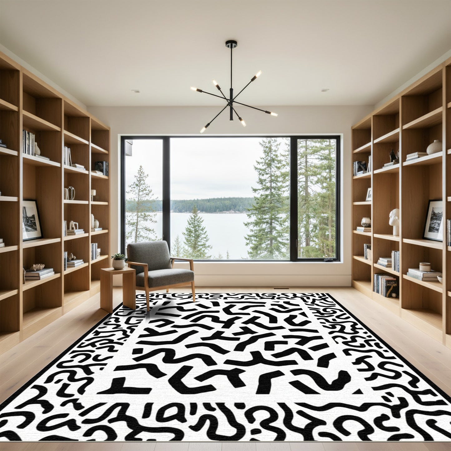 Retro Black White Organic Swirls Rug