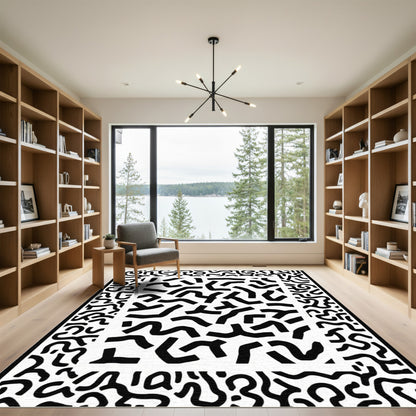 Retro Black White Organic Swirls Rug