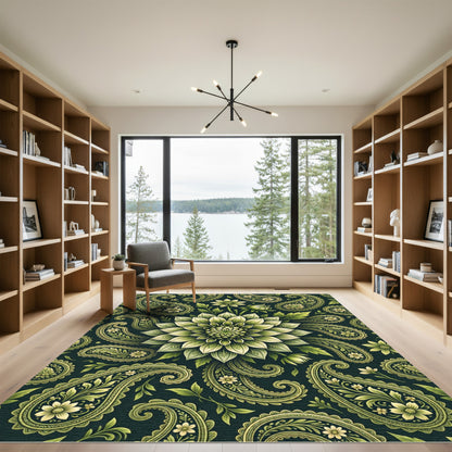 Elegant Sage Green Floral Paisley Meadow Rug