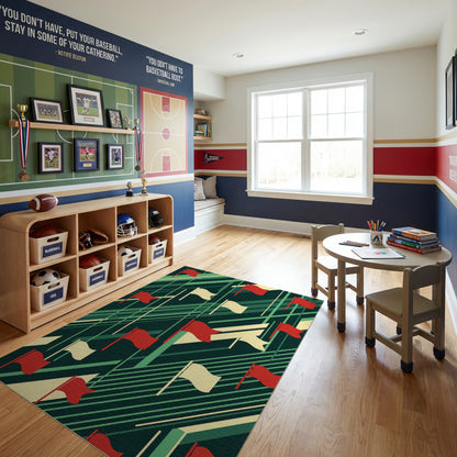 Geometric Red White Flags Diagonal Green Rug