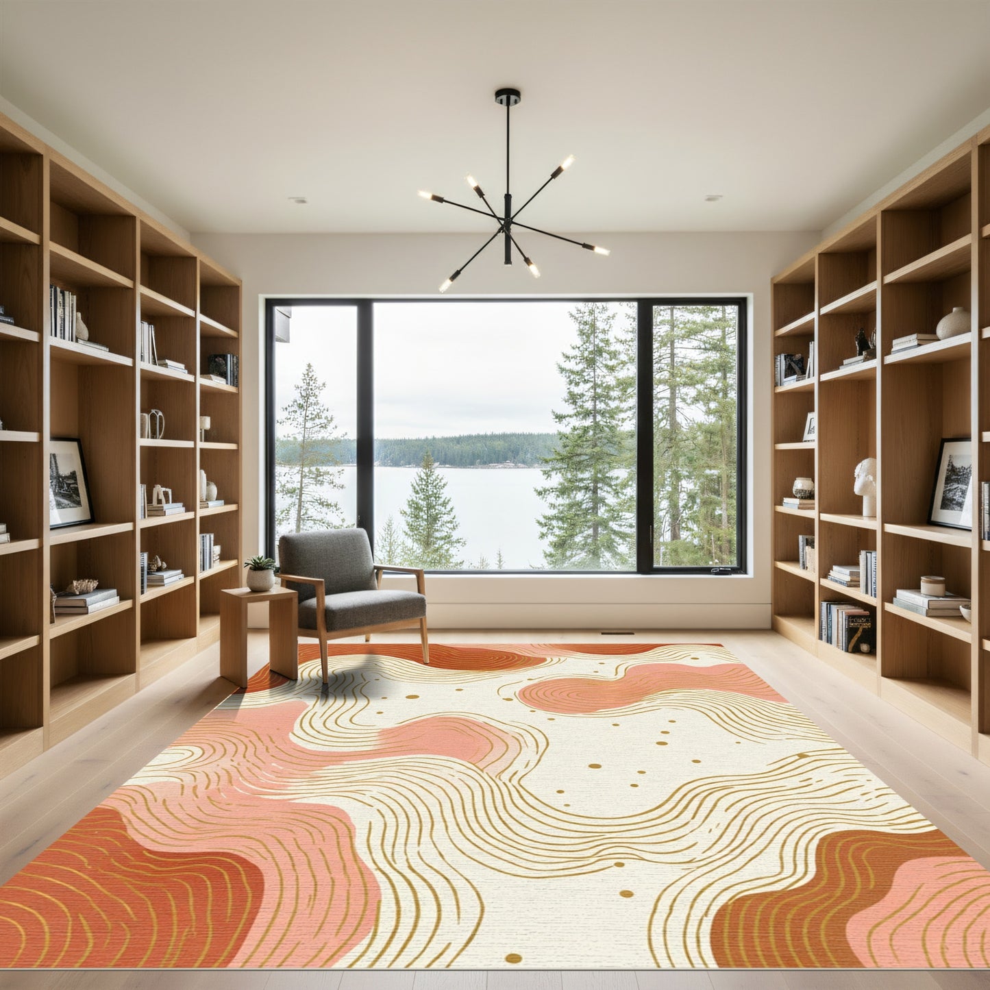 Crimson Coral Abstract Wavy Lines Rug