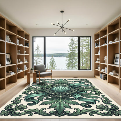 Deep Teal Leaf Scroll Medallion Rug