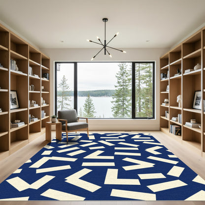 Cream Abstract Shapes Navy Background Rug
