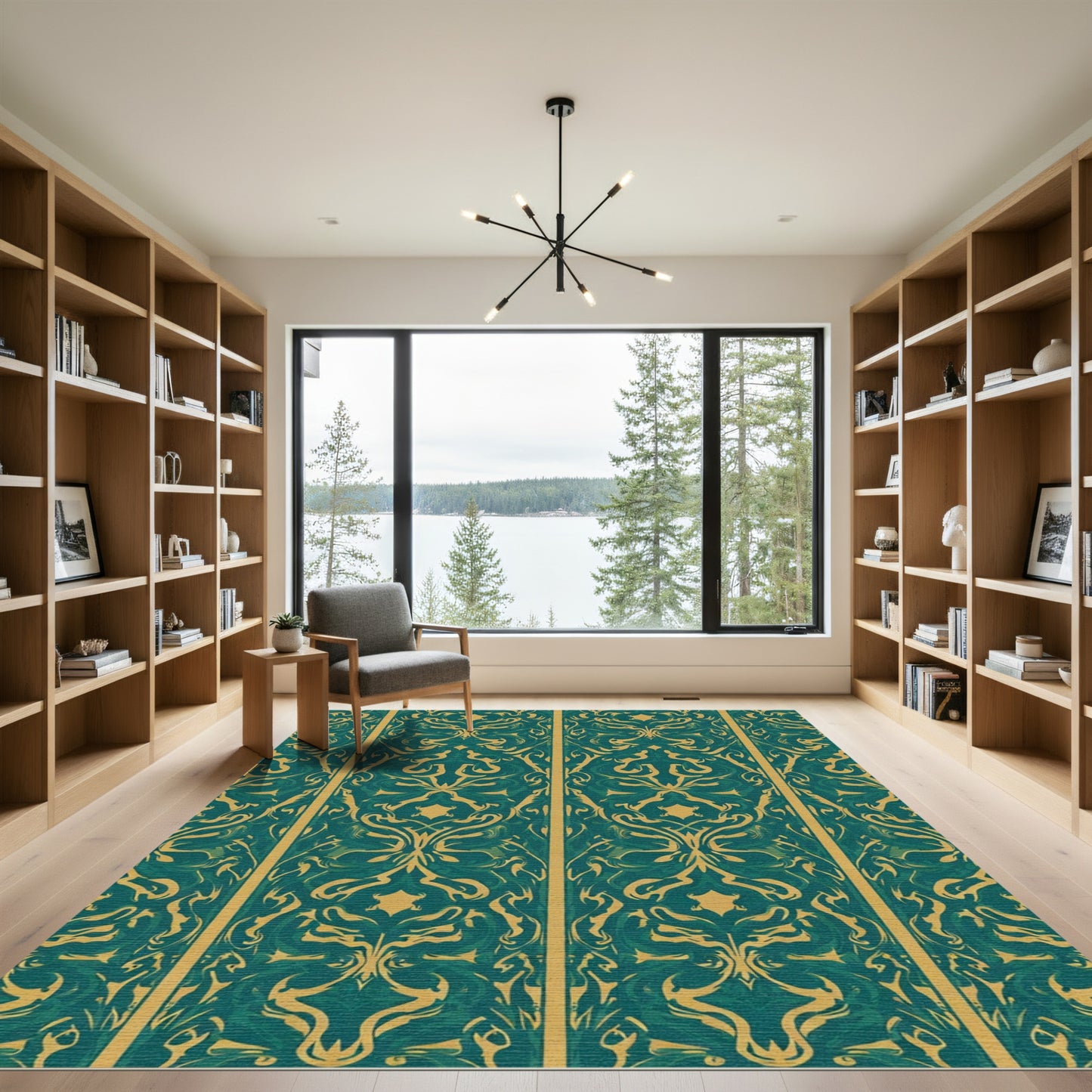 Regal Emerald Gold Damask Stripe Rug