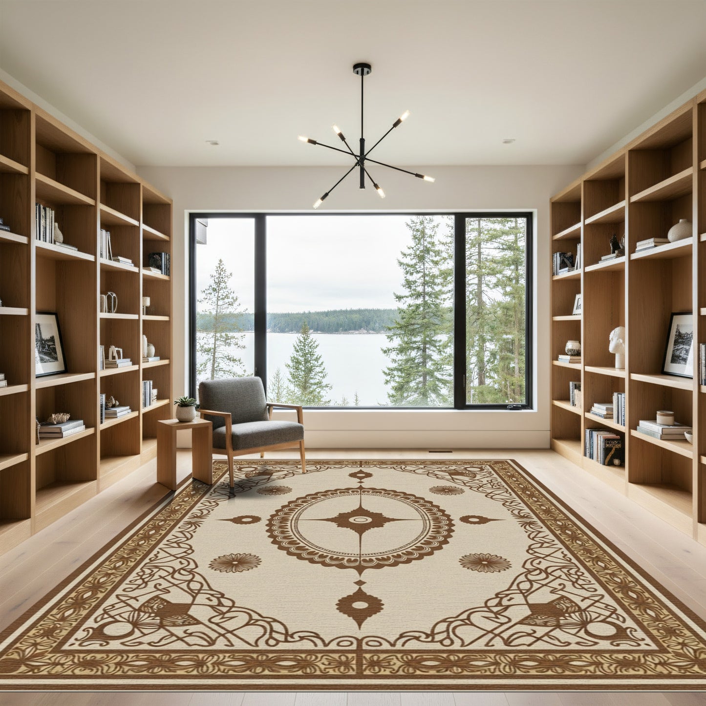 Brown Oval Medallion Floral Border Rug
