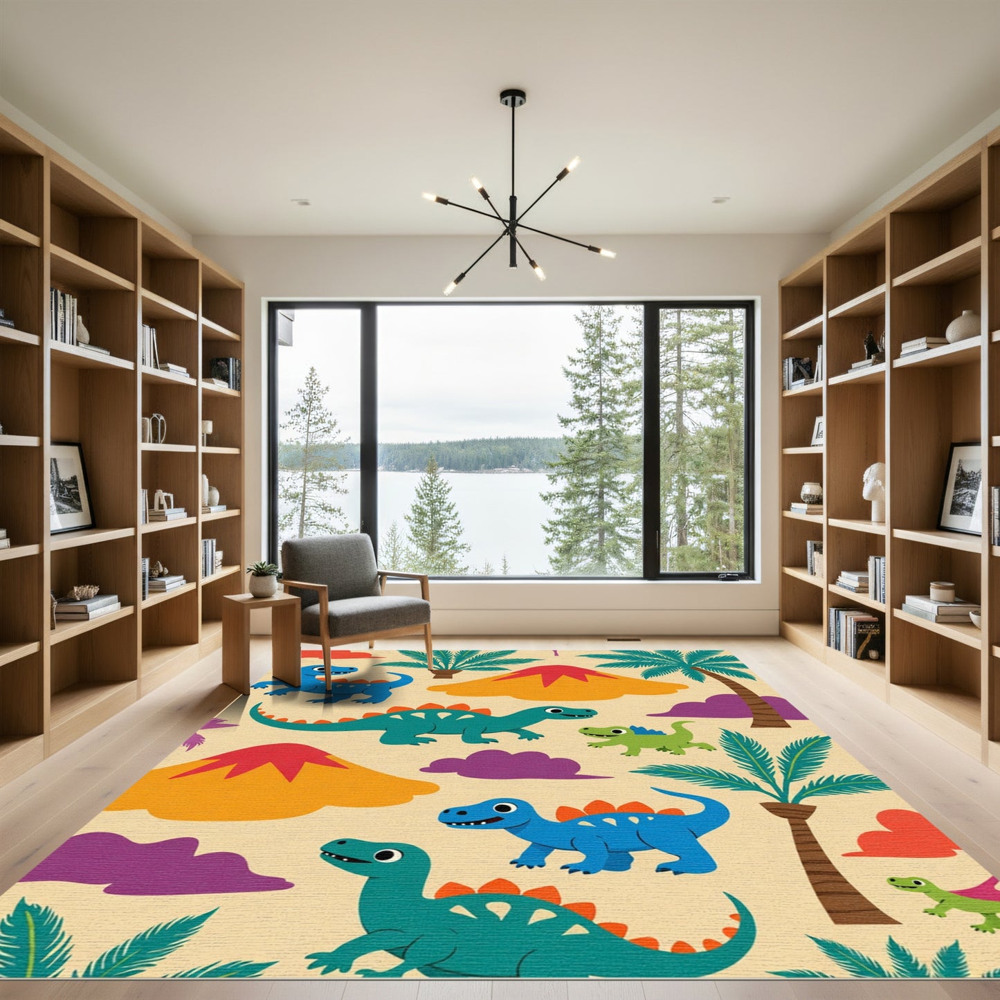 Playful Dinosaur Palm Tree Volcano Scene Rug