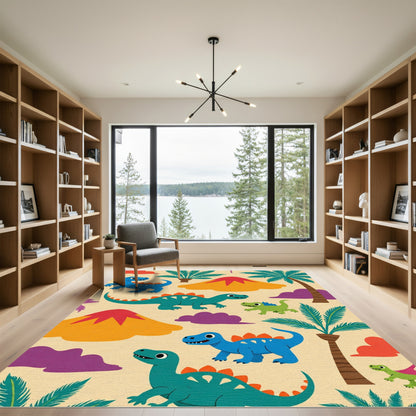 Playful Dinosaur Palm Tree Volcano Scene Rug