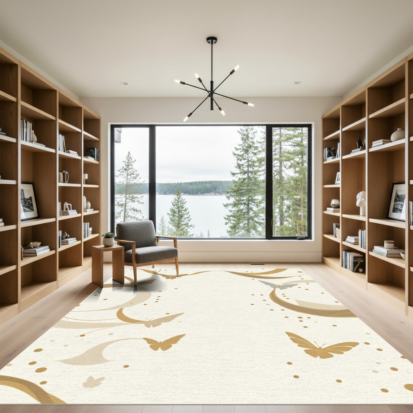 Golden Swirling Butterflies Abstract Rug
