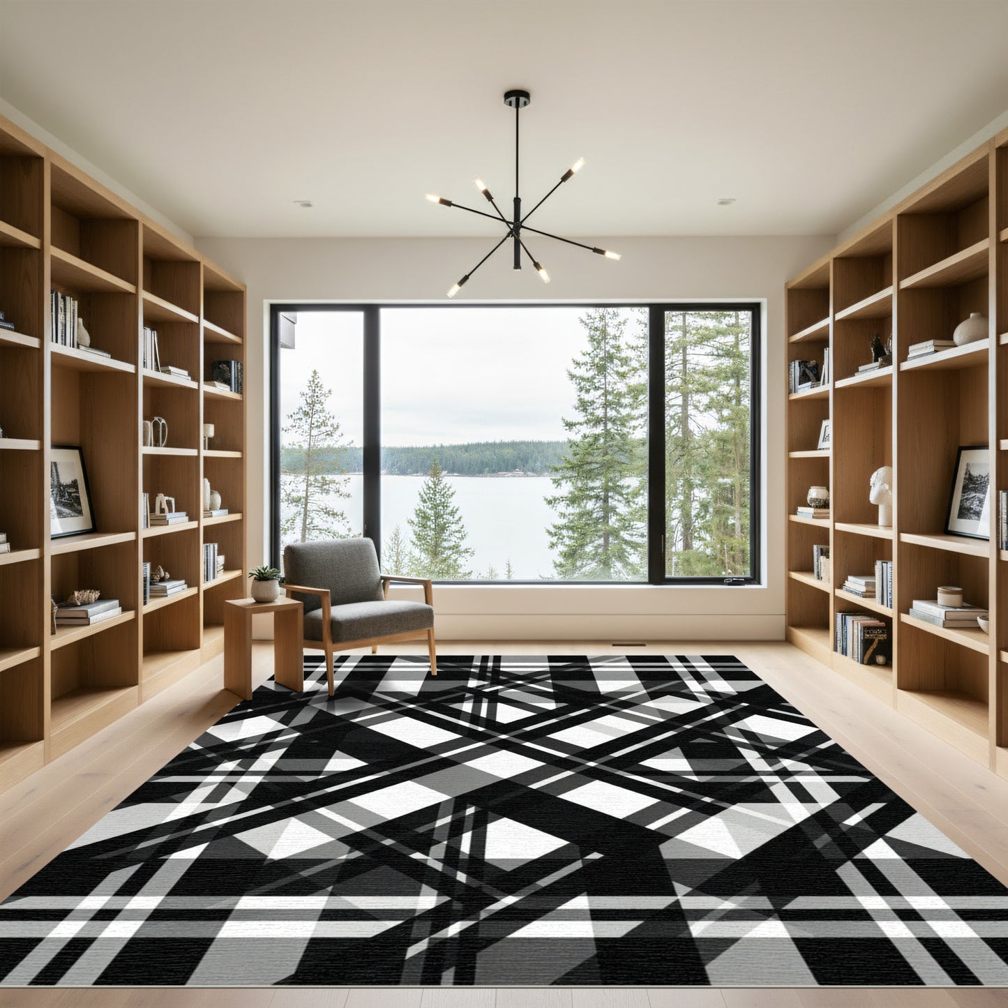 Modern Black and White Plaid Overlay Rug
