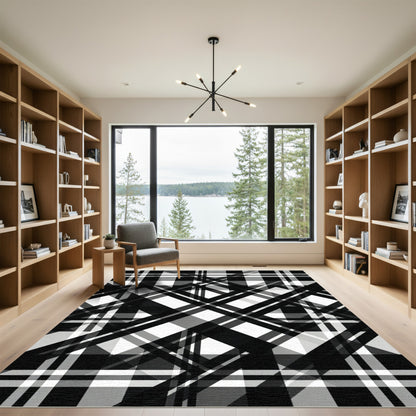 Modern Black and White Plaid Overlay Rug