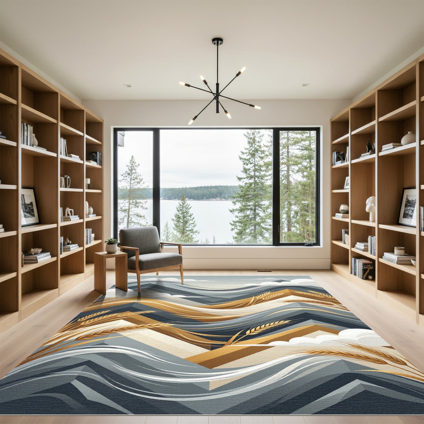 Golden Wheat Abstract Geometric Wave Rug