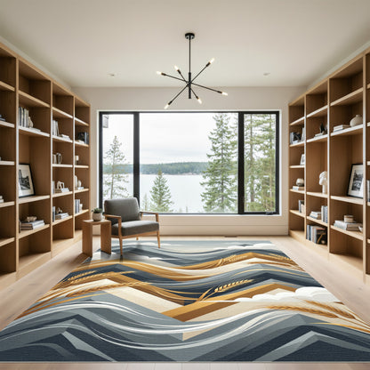 Golden Wheat Abstract Geometric Wave Rug