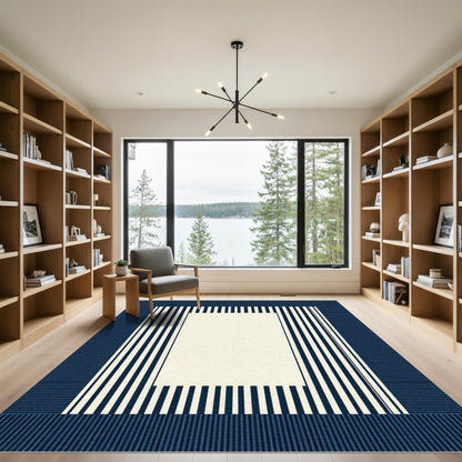Navy and Cream Vertical Striped Frame Rug