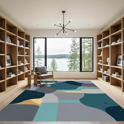 Abstract Teal Gold Gray Organic Shapes Rug