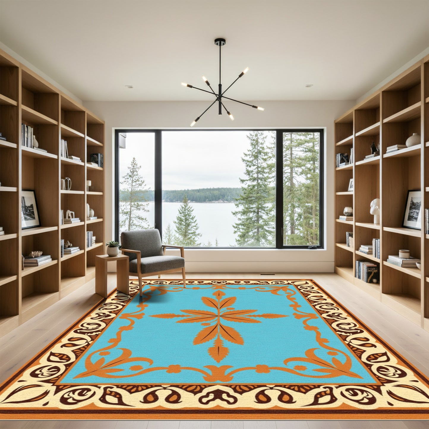 Orange Floral Medallion Aqua Border Rug