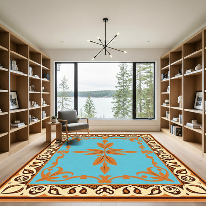 Orange Floral Medallion Aqua Border Rug