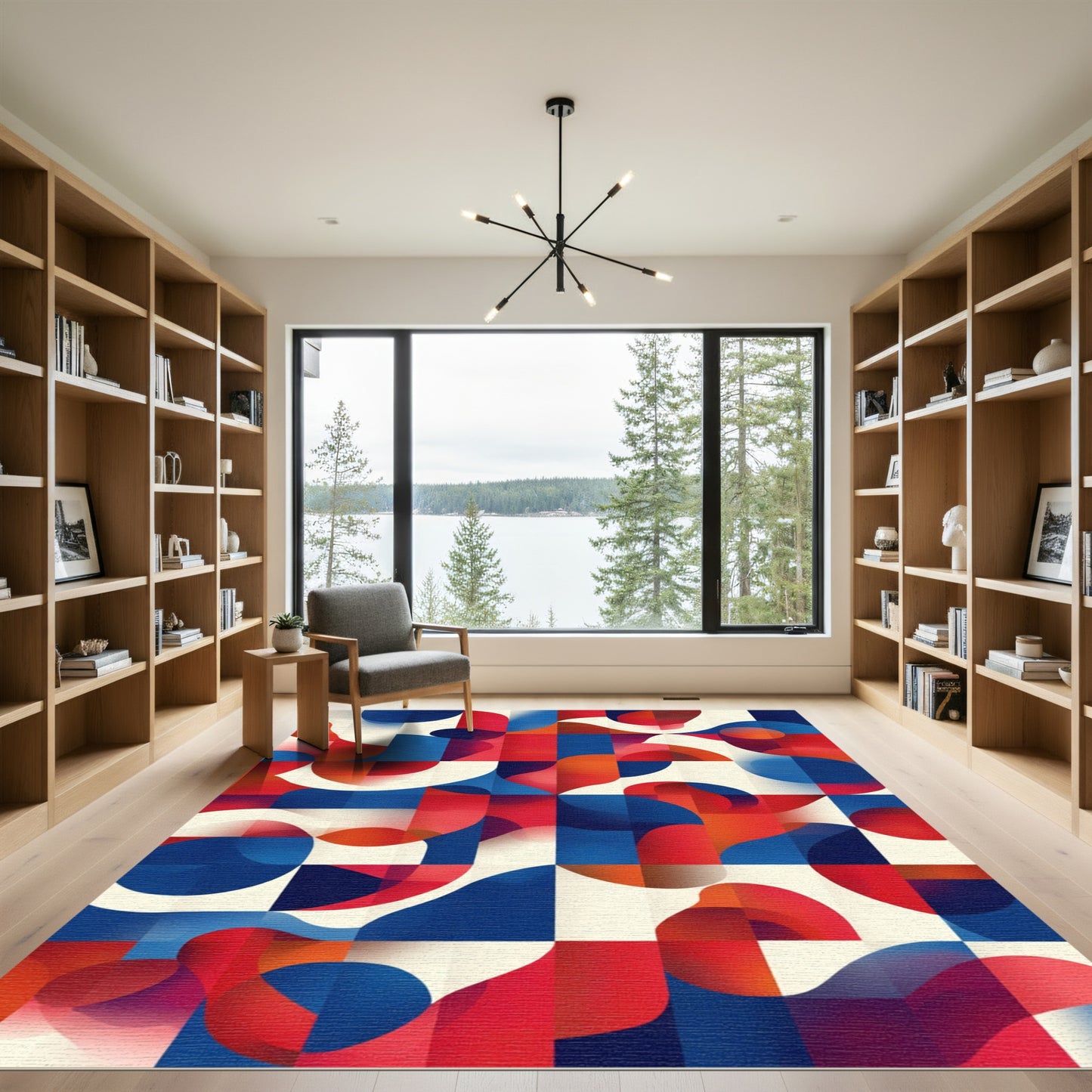 Abstract Red Blue Cream Overlap Shapes Rug