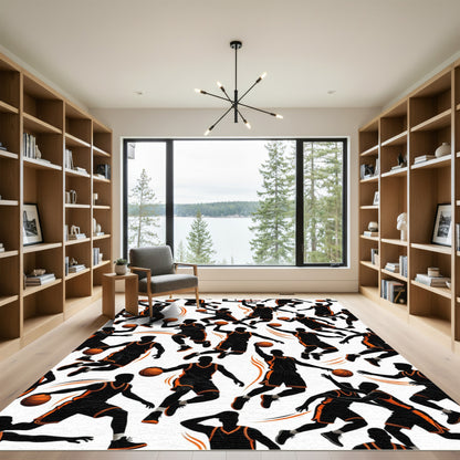 Dynamic Black and Orange Basketball Action Rug