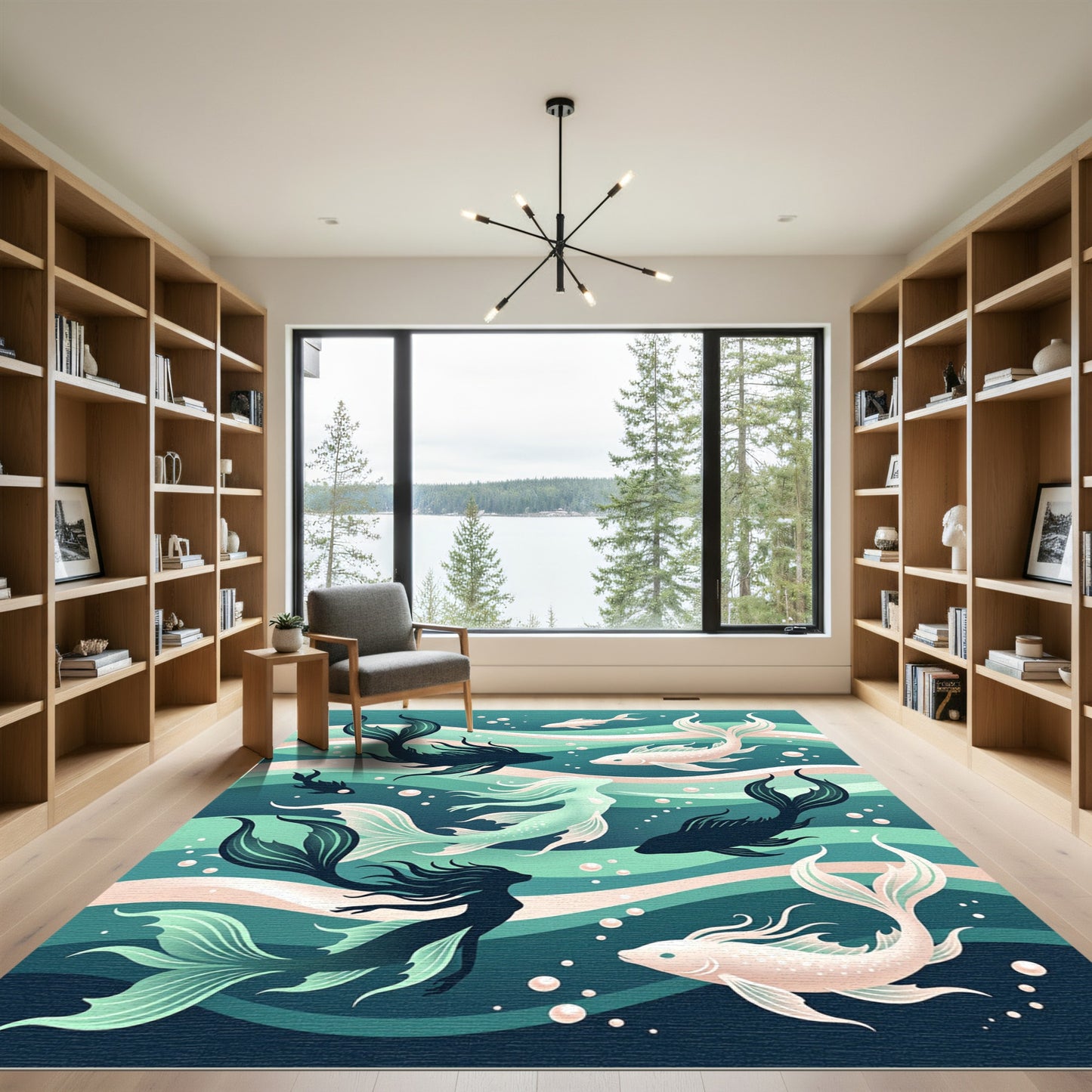 Ethereal Teal Mermaid and Koi Composition Rug