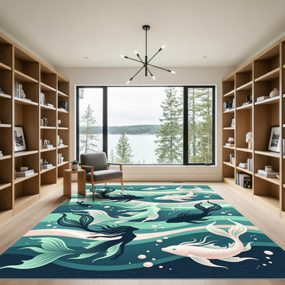 Ethereal Teal Mermaid and Koi Composition Rug
