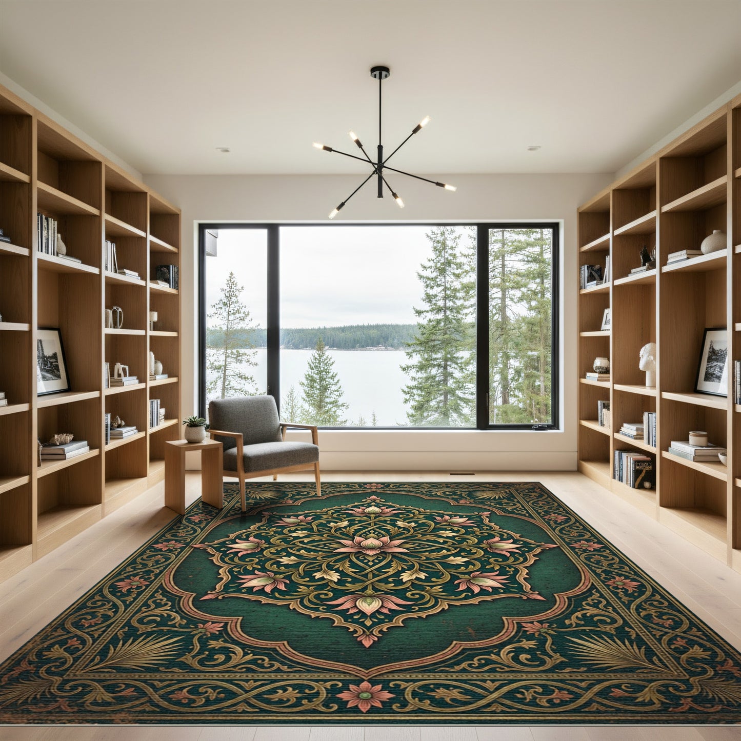 Elegant Emerald Lotus Medallion Floral Rug