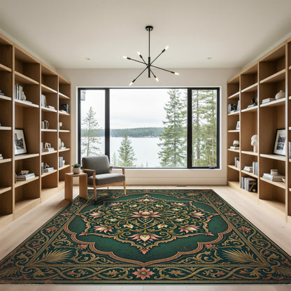 Elegant Emerald Lotus Medallion Floral Rug