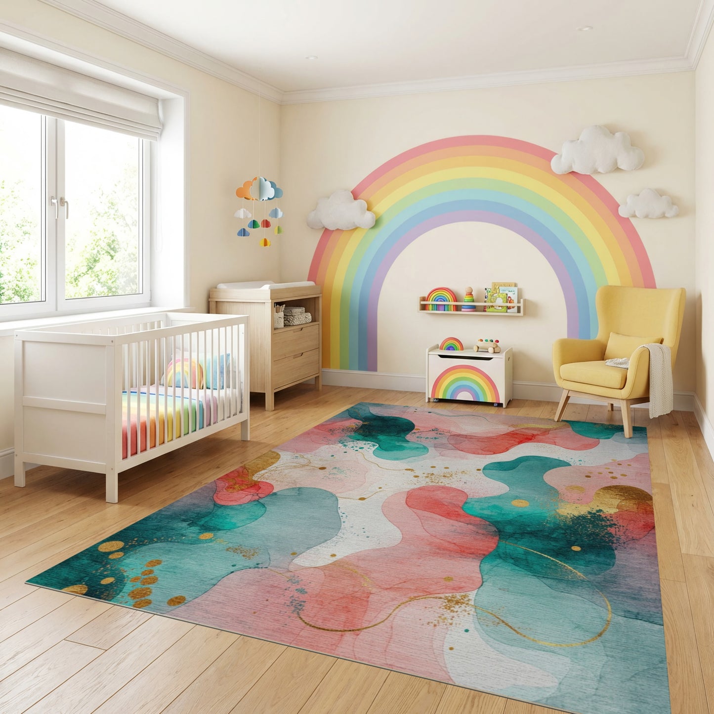 Abstract Fluid Teal Pink Gold Rug