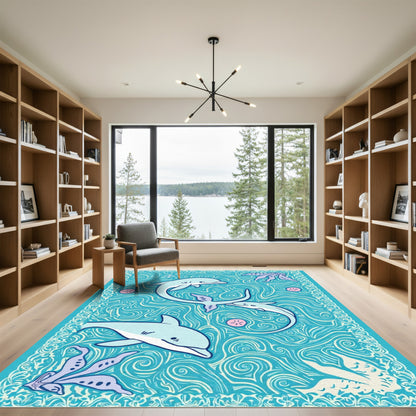 Playful Aqua Dolphins Swirling Ocean Life Rug