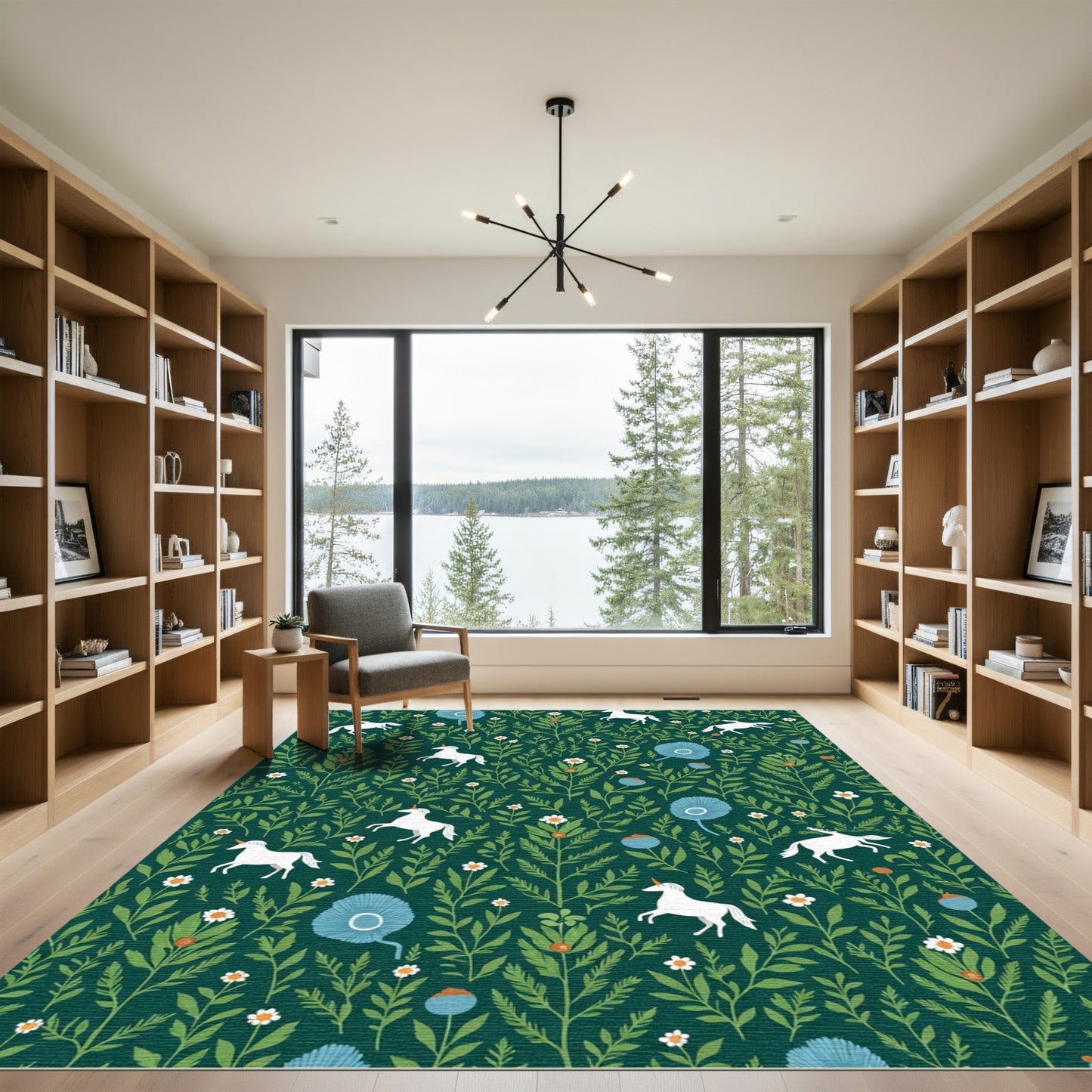 Green Unicorns and White Flowers Garden Rug