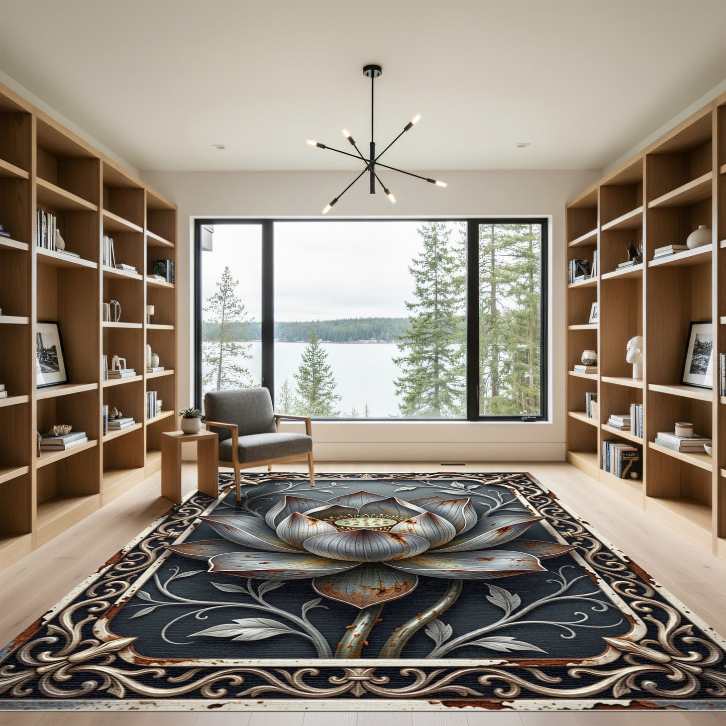 Metallic Lotus Flower Frame Rug