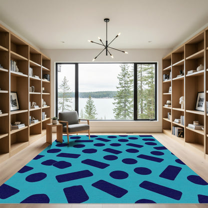 Teal Navy Abstract Circles Rectangles Rug