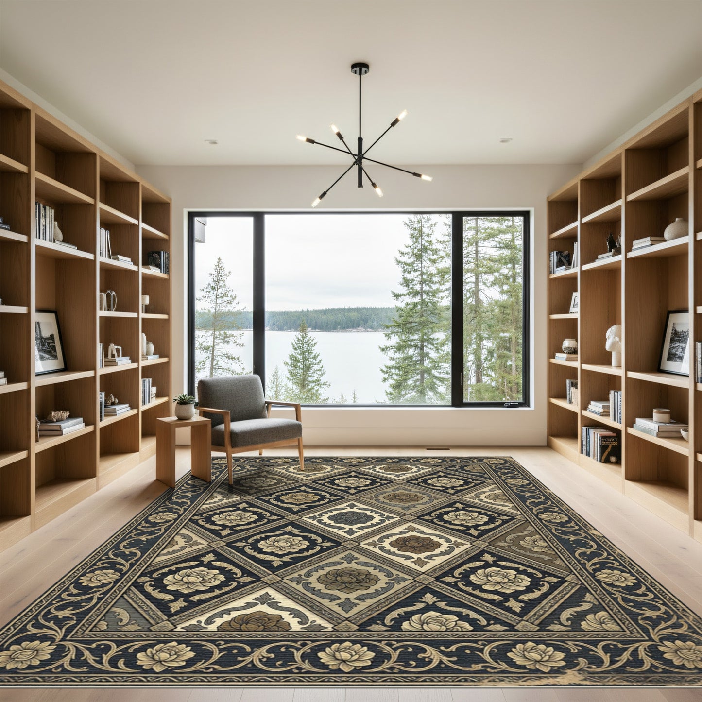 Ornate Beige Floral Diamond Border Rug