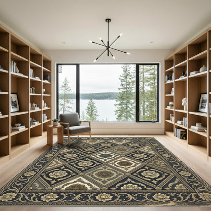 Ornate Beige Floral Diamond Border Rug