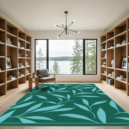 Deep Teal Leaf Branch Arrangement Rug
