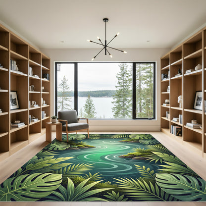 Lush Green Tropical Foliage River Rug