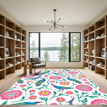 Vibrant Blue Bird Floral Whimsy Rug