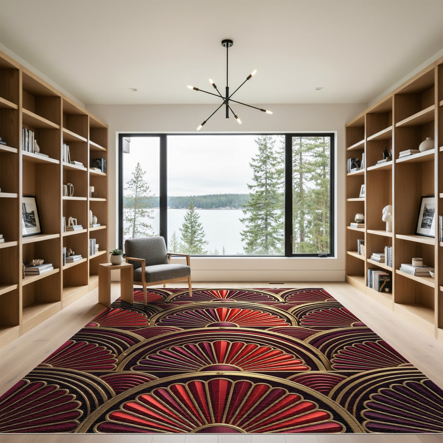 Crimson Fan Art Deco Semicircle Rug