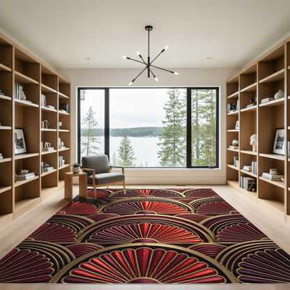 Crimson Fan Art Deco Semicircle Rug