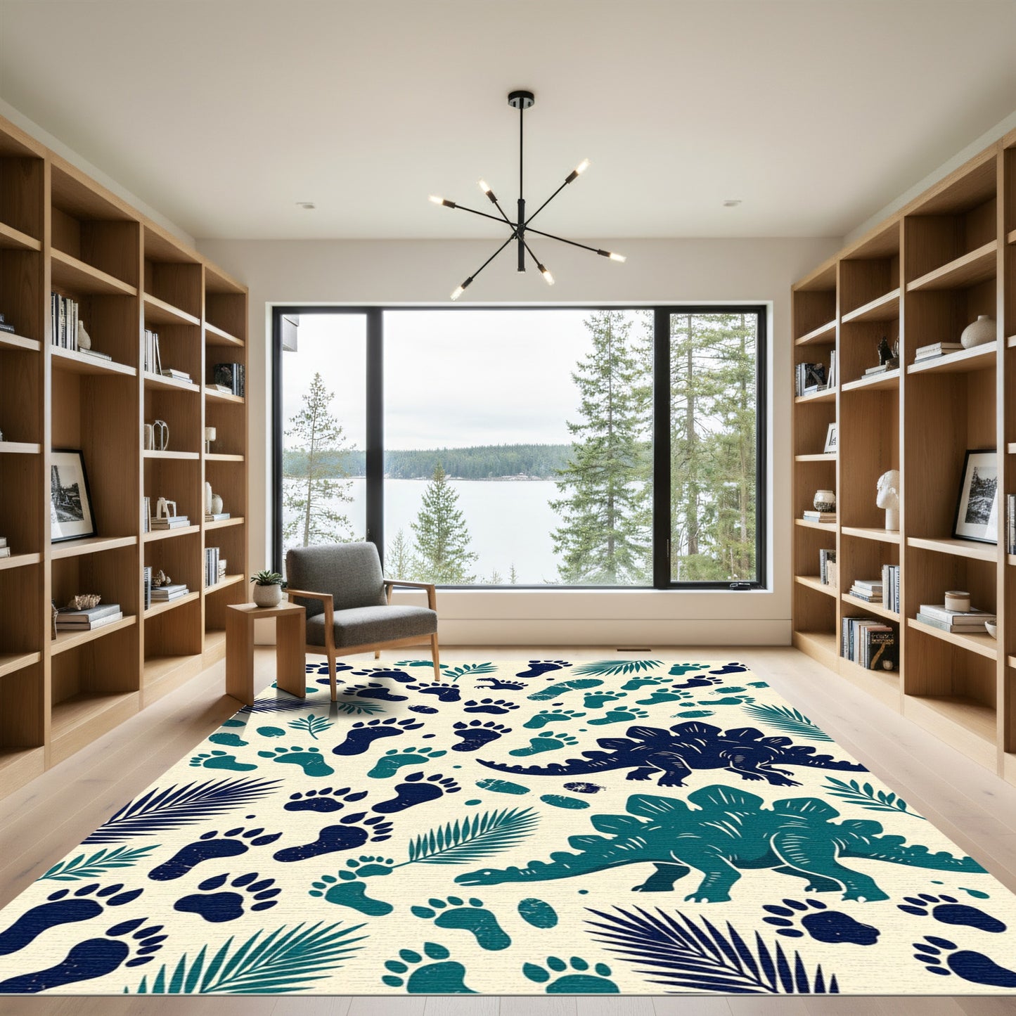 Dinosaur Track Tropical Forest Teal Navy Rug
